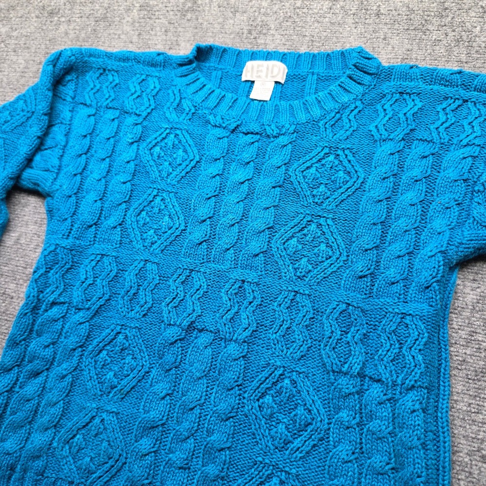 VTG Heidi Turquoise Blue Cable Knit Ramie Cotton Sweater Womens Med Diamond Knit
